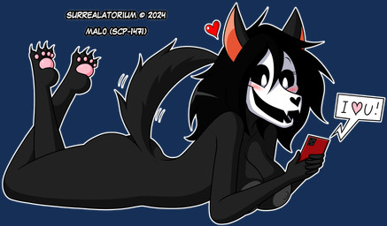 anthro areola black_body black_hair black_sclera blush bone breasts butt cellphone claws crossed_legs electronics feet_in_air female grey_areola grey_nipples hair happy heart_symbol holding_cellphone holding_object holding_phone holding_smartphone lying nipples nude on_front outline pawpads phone plantigrade simple_background skull skull_head smartphone solo tail tail_motion tailwag toe_claws transparent_background white_eyes white_outline surrealatorium scp_foundation scp-1471-a canid malo mammal 2024 absurd_res alpha_channel hi_res