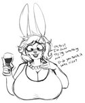 alcohol anthro beverage big_breasts breasts cleavage clothed clothing dialogue female huge_breasts jewelry lips lipstick looking_at_viewer makeup mature_female simple_background smile smiling_at_viewer solo text thick_lips wine mcsweezy granbun lagomorph leporid mammal rabbit bust_portrait english_text hi_res line_art monochrome portrait