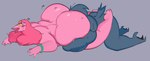 anthro big_butt blue_body blue_hair blush butt butt_worship dot_eyes duo female female/female hair half-closed_eyes head_between_cheeks huge_butt lying narrowed_eyes nude obese on_front open_mouth overweight pink_body pink_hair thick_thighs yellow_sclera mooncheese anon petunia_(dyna_soar) avian bird hi_res