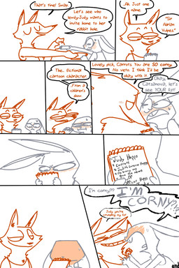 4_fingers 9_panel_comic anthro blush blush_lines bodily_fluids buckteeth clothing color_coded color_coded_speech_bubble color_coded_text dialogue duo embarrassed eyebrows female female_anthro fingers floating_eyebrows larger_male linked_speech_bubble list male male_anthro name_drop name_in_dialogue note_pad open_mouth pupils shirt simple_background size_difference smaller_female smile smug_face snout speech_bubble sweat sweatdrop tank_top teasing teeth text topwear white_background yelling the_weaver disney zootopia judy_hopps nick_wilde canid canine fox lagomorph leporid mammal rabbit red_fox true_fox 2025 2:3 colored_line_art comic digital_drawing_(artwork) digital_media_(artwork) english_text hi_res