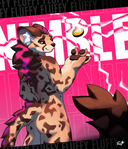anthro brown_body brown_fur brown_hair butt claws coin coin_toss countershading dark_eyes dark_sclera ear_tuft electricity fur hair highlights_(coloring) lightning lightning_bolt looking_at_viewer looking_back male markings nude orange_body orange_eyes orange_fur pawpads pink_background purple_highlights simple_background smile smug smug_expression smug_face solo spots spotted_body spotted_fur tail tail_markings text tuft white_body white_fur dragons_&_fluff ambient_among_us nimble_(pancha) cheetah felid feline mammal serval absurd_res bust_portrait digital_media_(artwork) english_text hi_res portrait