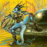 abstract_background accessory anthro aviator_cap aviator_goggles belt blue_body blue_scales bomber_jacket bottomless bow_ribbon braided_hair braided_ponytail clothed clothing ear_piercing ear_ring featureless_crotch female flying_saucer furgonomics furry_specific_accessory hair horn jewelry long_hair open_mouth partially_clothed piercing ponytail ring_piercing scales scarf science_fiction solo spread_legs spreading tail tail_accessory tail_bracelet tail_jewelry tailband ufo fmirsokp mythology dragon mythological_creature mythological_scalie scalie 1:1 hi_res