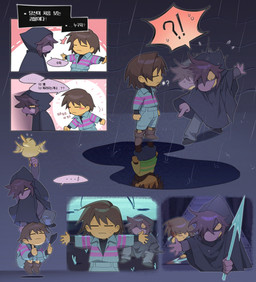 anthro blue_clothing brown_hair clothing duo female hair inside male purple_body purple_skin raining text yellow_sclera sanbel780308 deltarune undertale undertale_(series) chara_(undertale) frisk_(undertale) susie_(deltarune) avian bird human mammal scalie 2025 hi_res