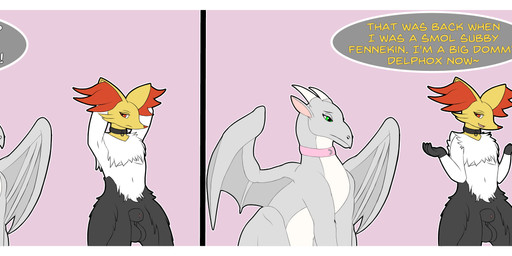 animal_genitalia anthro balls big_ears casual_exposure clothing collar dialogue duo feral genitals gloves handwear horn male midriff sheath text wings onesaucydragon mythology nintendo pokemon saulamander delphox dragon generation_6_pokemon mythological_creature mythological_scalie pokemon_(species) scalie absurd_res english_text hi_res