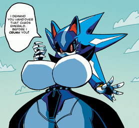 anthro belt big_breasts big_butt black_sclera blue_body breasts butt cape claws clothing cloud crossgender dialogue featureless_breasts female glowing glowing_eyes grey_body grey_breasts huge_breasts looking_at_viewer machine metallic_body mtf_crossgender red_eyes red_inner_ear shoulder_pads sky solo speech_bubble spikes stripes studded_belt studs text thick_thighs white_stripes wide_hips zildtek sega sonic_the_hedgehog_(series) metal_sonic neo_metal_sonic robot robot_anthro english_text