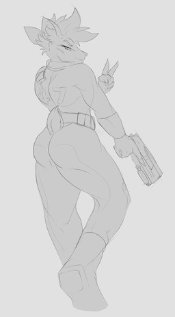 anthro belt boots butt clothing curvy_figure eyeliner femboy fluffy_ears footwear gesture gun hand_gesture handgun holding_gun holding_object holding_ranged_weapon holding_weapon inner_ear_fluff looking_at_viewer looking_back makeup male mohawk number number_on_clothing pistol pose ranged_weapon scut_tail shoes short_tail simple_background smile smiling_at_viewer solo tail trigger_discipline tuft v_sign vault_suit weapon wide_hips warooden fallout microsoft darling_(warooden) deer mammal absurd_res digital_drawing_(artwork) digital_media_(artwork) hi_res monochrome