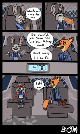 3_toes 4_fingers accessory anthro barefoot belly belt beverage beverage_bottle bladder_bulge blush blushing_profusely bodily_fluids bottle bottomwear buckteeth car_window clock clothing container desperation dialogue digital_clock dipstick_ears drinking ear_markings ears_down electronics feet female female_anthro fingers gloves_(marking) green_eyes grey_body leg_markings long_ears male male_anthro markings multicolored_ears navel necktie night omorashi open_belt orange_body pants pawpads pivoted_ears police police_uniform police_vehicle shaking sharp_teeth shirt_collar shirt_pocket socks_(marking) tail tears tears_of_desperation teeth text tie_clip toes trembling uniform utility_belt vehicle bombality disney zootopia judy_hopps nick_wilde canid canine european_rabbit fox lagomorph leporid mammal oryctolagus rabbit red_fox true_fox 2024 comic english_text hi_res