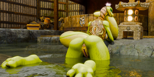 3_toes anthro anthrofied anus back_tattoo big_tail breasts butt digitigrade feet female genitals green_body green_eyes head_flower huge_tail long_tail looking_at_viewer looking_back looking_back_at_viewer medium_breasts neck_tattoo non-mammal_breasts non-mammal_vulva outside partially_submerged rear_view smile smiling_at_viewer solo tail tattoo teal_sclera thick_thighs toes vulva wet wet_body wide_hips impaer_jaster da.nilkaz_(modeler) dreamworks kung_fu_panda master_viper reptile scalie snake viper 3d_(artwork) absurd_res digital_media_(artwork) hi_res watermark