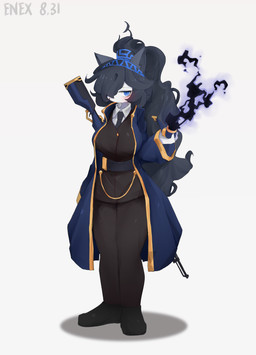 accessory biped black_clothing black_ears black_hair blue_eyes blush bottomwear breasts clothed clothing eyebrows eyelashes female fingers footwear front_view fully_clothed gun hair hair_accessory hair_tie holding_object long_hair narrowed_eyes necktie one_eye_obstructed ponytail ranged_weapon rifle shoes simple_background solo standing text tobacco_pipe topwear weapon white_background enexofme library_of_ruina limbus_company lobotomy_corporation ponos_corp. project_moon the_battle_cats kasli kasli_the_bane animal_humanoid felid felid_humanoid feline feline_humanoid humanoid mammal mammal_humanoid 2025 absurd_res artist_name dated digital_drawing_(artwork) digital_media_(artwork) hi_res