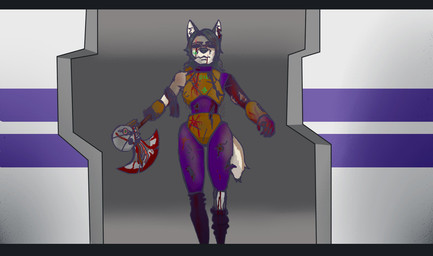 anthro armor axe blood bodily_fluids brown_body brown_fur clothed clothing cybernetics fur hair long_hair looking_at_viewer machine male melee_weapon multicolored_body multicolored_fur proto_kinetic_crusher severed_arm severed_body_part severed_limb slim solo trophies weapon wounded usuario2 space_station_13 andy_vazquez_(usuario2) canid canine canis cyborg mammal mexican_wolf wolf 2020 alternate_version_at_source letterbox
