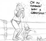 anthro bear_hug big_breasts black_and_white bovid breasts caprine clothed clothing dialogue english_text equid equine female hi_res hladilnik horse jane_doe_(hladilnik) mammal mask monochrome sheep text tinker_(hladilnik) wrestling wrestling_match