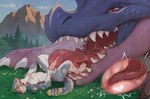 anal animal_genitalia animal_penis anthro bodily_fluids claws cum drooling duo embarrassed fangs fur genital_fluids genitals grass inside male male/male male_penetrating mountain nature oral orgasm orgasm_face oversized_oral penetration penis plant pushing rear_view rimming saliva scales sex size_difference slime steam teeth tongue x-ray_view hoffersanchez dinosaur felid mammal pantherine prehistoric_species reptile scalie snow_leopard artist_collaboration digital_media_(artwork) hi_res