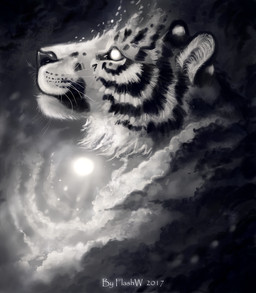 abstract_art ambiguous_gender black_body black_fur black_lips black_nose black_stripes cloud detailed_background detailed_fur ear_markings facial_markings feral fur head_markings inner_ear_fluff lips long_mouth markings no_pupils no_sclera side_view snout solo striped_body striped_fur stripes sun tuft whiskers white_body white_eyes white_fur flashw felid mammal pantherine tiger 2017 bust_portrait detailed digital_media_(artwork) greyscale monochrome portrait