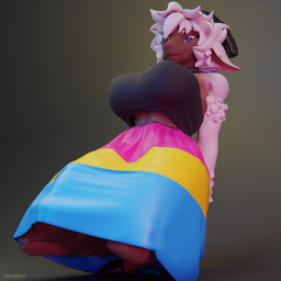anthro bottomwear brown_body brown_fur clothed clothing ear_piercing fur gynomorph hair happy horn intersex lgbt_pride looking_at_viewer no_bra pansexual_pride_clothing piercing skirt solo vitiligo white_hair wool_(fur) zelferry lgbt_pride_month sloane_(zelferry) bovid caprine goat mammal 3d_(artwork) blender_(artwork) blender_cycles_(artwork) digital_media_(artwork) hi_res signature