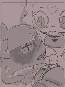 anthro blep blush buckle cloak clothing cowl duo embarrassed male male/male sharp_teeth teeth tongue tongue_out wings yogurtpubes bandai_namco digimon digimon_beatbreak chiropmon digimon_(species) gekkomon scalie absurd_res hi_res