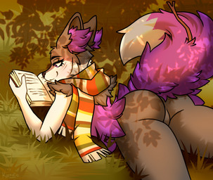 alternate_color anthro book butt cheek_tuft eyelashes facial_tuft fluffy fur grass grey_body grey_fur holding_book holding_object inner_ear_fluff lying male mostly_nude object_in_tail on_front on_ground outside plant purple_body purple_fur reading reading_book rear_view scarf scarf_only smile solo stick stick_in_tail tail thick_thighs tuft konejo nintendo pokemon braixen generation_6_pokemon pokemon_(species) 2025 colored digital_drawing_(artwork) digital_media_(artwork) hi_res shaded