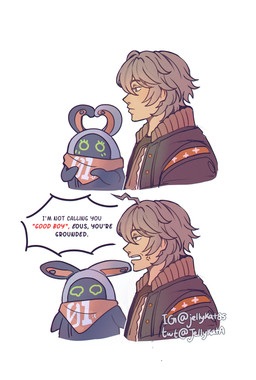 anthro duo grey_hair hair humor kerchief long_ears machine male neckerchief neckwear screen screen_face text jellykata i'm_not_calling_you_"good_boy" mihoyo zenless_zone_zero eous_(zenless_zone_zero) wise_(zenless_zone_zero) bangboo human mammal robot absurd_res english_text hi_res meme