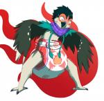 ambiguous_gender anthro beak clean_diaper clothed clothing diaper feathered_wings feathers pattern_diaper simple_background solo wearing_diaper wings furrychrome nintendo pokemon decidueye generation_7_pokemon pokemon_(species) shiny_pokemon hi_res