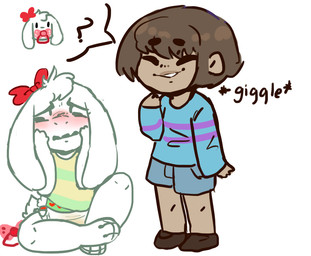 ambiguous_gender anthro blush bodily_fluids bow_tie clothed clothing diaper duo fur genital_fluids hair object_in_mouth pacifier pacifier_in_mouth shirt simple_background sitting smile speech_bubble standing text topwear unclean_diaper urine used_diaper wet_diaper wetting young young_anthro young_human monsterbunny undertale undertale_(series) asriel_dreemurr frisk_(undertale) human mammal 2017 archived_source digital_drawing_(artwork) digital_media_(artwork) english_text