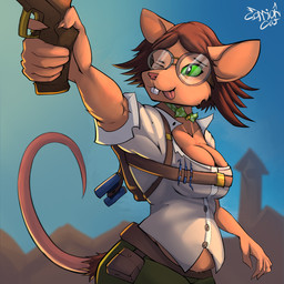 anthro belly belt belt_bra belt_buckle bottomwear breasts buckle butt cleavage clothed clothing crossbow eyewear female glasses holding_object holding_weapon nerd open_clothing open_shirt open_topwear pants ranged_weapon shirt shortstack slightly_chubby slightly_chubby_female small_waist tail tongue tongue_out topwear weapon wide_hips carrioncat mammal murid murine rat rodent 1:1 hi_res