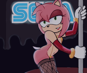 anthro armwear audience breasts butt clothed clothing dancing duo eyelashes female fishnet_clothing fishnet_legwear fur gloves green_eyes group handwear legwear lingerie makeup markings mole_(marking) pink_body pink_fur pole pole_dancing white_clothing white_gloves white_handwear sin-sational sega sonic_the_hedgehog_(series) amy_rose eulipotyphlan hedgehog mammal 6:5 absurd_res digital_media_(artwork) hi_res