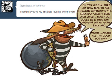 anthro ball_and_chain bound brown_body brown_skin buckteeth chain claws clenched_teeth clothing cowboy_hat cuffed_ankles dialogue hat headgear headwear long_ears male open_mouth open_smile pivoted_ears prison_uniform prisoner scales sharp_teeth simple_background smile solo speech_bubble tail tan_body tan_scales teeth text tumblr_ask white_background stormful sly_cooper_(series) sony_corporation sony_interactive_entertainment sucker_punch_productions toothpick_(sly_cooper) armadillo mammal xenarthran 2013 english_text