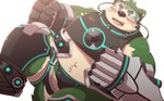 anthro black_nose briefs bulge clothing fur green_body green_fur humanoid_hands kemono male overweight overweight_anthro overweight_male simple_background solo underwear visor white_background dosanco15 lifewonders live_a_hero mokdai canid canine canis domestic_dog mammal 2021 hi_res