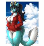 anthro antlers big_breasts black_hair bottomless breasts clothed clothing cloud curvy_figure eyewear female fluffy fluffy_tail freckles genitals glasses hair hand_in_pocket hands_in_both_pockets hoodie horn long_hair long_tail open_clothing open_hoodie open_topwear pockets ponytail pussy sky solo tail thick_thighs topwear voluptuous wide_hips skipsy rylie_(hypernovagm) deer domestic_cat felid feline felis hybrid mammal 2019 absurd_res hi_res