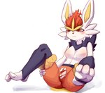 anthro blush bodily_fluids bottomwear breasts clothing feet female foot_focus genital_fluids genitals pants paws pussy simple_background sitting small_breasts soles solo spread_legs spreading stirrup_(marking) toes torn_bottomwear torn_clothing torn_pants urine urine_pool white_background wlllll nintendo pokemon cinderace generation_8_pokemon pokemon_(species) hi_res