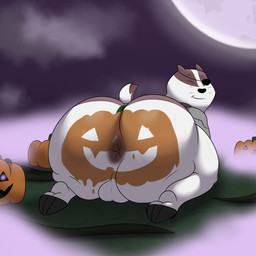 all_fours anthro anus balls bedroom_eyes big_butt black_nose brown_body brown_ears brown_fur brown_tail butt cybernetic_arm cybernetic_limb cybernetics eye_patch eyes_closed eyewear fog food fruit full_moon fur genitals half-closed_eyes holidays huge_butt jack-o'-lantern looking_at_viewer looking_back machine male moon multicolored_body multicolored_fur narrowed_eyes night on_ground plant presenting presenting_anus presenting_hindquarters pumpkin pumpkin_butt rear_view seductive short_tail smile solo tail thick_thighs three-quarter_view two_tone_body two_tone_fur two_tone_tail white_body white_fur white_tail colossalstars cartoon_network halloween mao_mao:_heroes_of_pure_heart badgerclops badger cyborg mammal mustelid musteline 1:1 2025 absurd_res digital_media_(artwork) hi_res
