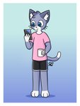 anthro border bottomwear clothing coffee_mug electronics looking_at_object looking_at_phone male phone shirt shorts solo standing t-shirt topwear white_border workerq quincy_(workerq) domestic_cat felid feline felis mammal 3:4 absurd_res hi_res