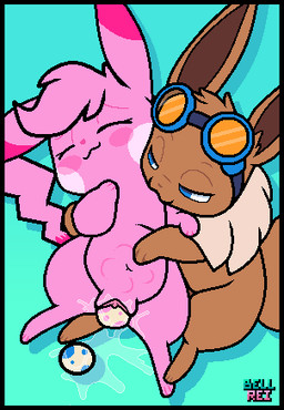 abdominal_bulge bite black_border blue_eyes blush bodily_fluids border brown_body brown_fur duo egg eyewear female feral fur genital_fluids genitals goggles hair head_tuft holidays male male/female neck_bite neck_tuft oviposition pink_body pink_fur pink_hair pink_nose pregnant smug tuft uwu vaginal_fluids vulva bteevee mother's_day nintendo pokemon bell_the_eevee reimachu eevee generation_1_pokemon pikachu pokemon_(species) digital_media_(artwork) low_res pixel_(artwork) father_(lore) mother_(lore) parent_(lore)