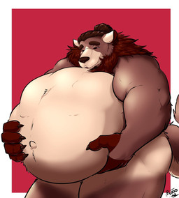 abdominal_bulge anthro belly big_belly brown_body brown_fur butt fur hair holding_belly holidays huge_belly male male_pred musclegut muscular navel nude_male nude_pred red_background red_eyes simple_background solo standing vore pandottermon valentine's_day bear mammal 2022 colored dated hi_res signature