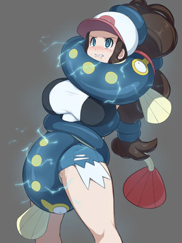 big_breasts black_clothing black_topwear black_vest blue_eyes bodily_fluids bottomwear breasts brown_hair clothing denim denim_bottomwear denim_clothing denim_shorts drooling electricity female genital_fluids hair hat headgear headwear huge_breasts ponytail ryona saliva shirt shocking shorts topwear vaginal_fluids vest white_clothing white_hat white_headwear white_shirt white_topwear okra_sticky nintendo pokemon hilda_(pokemon) eelektrik generation_5_pokemon pokemon_(species) absurd_res hi_res