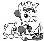 asinus clothing donkey duo earth_pony emerald_jewel_(colt_quest) equid equine fan_character female feral ficficponyfic food hasbro horse maid_uniform male mammal monochrome my_little_pony pony simple_background uniform white_background young young_feral