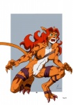 anthro bandage breasts claws clothed clothing digitigrade female fur genitals green_eyes hair nipples open_mouth orange_body orange_fur pose pussy red_hair simple_background skimpy solo teeth tongue unknown_artist chaotic intress overworlder_(species)