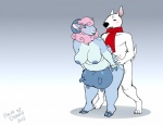 anthro blush bovid breasts breasts_and_teats canid canine canis caprine domestic_dog duo eyes_closed female from_behind_position goat hair male male/female mammal nipples overweight revadiehard scarf sex simple_background slightly_chubby standing tail teats udders