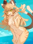 anthro breasts brown_body brown_fur female fur genitals green_eyes hair long_hair multi_tail navel nipples nude outside pussy seaside smile solo stripes tail teeth tongue creamytako genshin_impact mihoyo kirara_(genshin_impact) felid feline mammal 3:4 hi_res