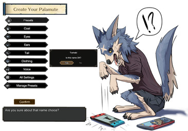 after_transformation ambiguous_gender black_sclera blue_body blue_fur bodily_fluids bottomwear character_creator cheek_tuft claws clothed clothed_feral clothing confusion digitigrade electronics facial_tuft fangs feral finger_claws fur game_console gui inner_ear_fluff interrobang loss_of_dexterity open_mouth pawpads pink_pawpads quadruped shadow shirt short_sleeves shorts simple_background sitting solo species_transformation speech_bubble sweat teeth text toe_claws tongue tongue_out topwear transformation tuft white_background white_body white_fur yellow_eyes toshabi capcom monster_hunter nintendo nintendo_switch canid canine canyne mammal palamute 2021 english_text hi_res shaded