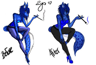 anthro black_bottomwear black_clothing black_pants blue_bottomwear blue_clothing blue_eyes blue_hair blue_pants bottomwear cigarette cigarette_holder clothing comparison corset female fur hair heart_symbol lingerie markings pants pointy_ears prick_ears purple_eyes smoke smoking spots spotted_body spotted_fur tail topwear vexstacy blues_(safigirl) canid canine mammal 2011 2013