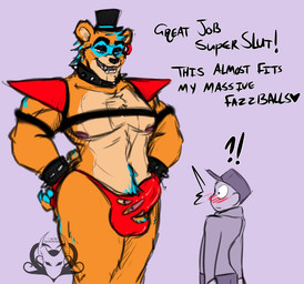 anthro balls blush bracelet briefs bulge clothed clothed_female clothed_human clothing collar dialogue duo ear_piercing ear_ring erection erection_under_clothing female female_human female_on_anthro genitals hands_on_hips hat headgear headwear highlights_(coloring) human_on_anthro interrobang interspecies jewelry male male/female male_anthro male_on_human penis piercing pubes purple_background red_briefs red_clothing red_underwear ring_piercing shoulder_pads simple_background spiked_bracelet spiked_collar spikes text top_hat topless topless_anthro topless_male torn_briefs torn_clothing underwear wardrobe_malfunction devilchicky210 five_nights_at_freddy's five_nights_at_freddy's:_security_breach scottgames steel_wool_studios anon fem_anon glamrock_freddy bear human mammal colored english_text