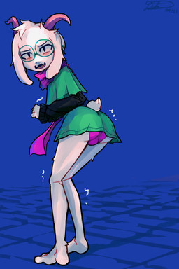 2_horns adolescent anthro barefoot biped black_clothing black_eyebrows black_eyes black_sweater black_topwear blue_background blush bulge butt clothed clothed_anthro clothed_male clothing crossdressing curved_horn eyebrows eyewear feet femboy fingers flesh_fang floppy_ears fur furgonomics glasses green_clothing green_eyewear green_glasses green_robe horn knock-kneed long_sleeves male male_anthro open_mouth panties pink_tongue plantigrade purple_clothing purple_horn purple_panties purple_scarf purple_underwear robe round_glasses scarf scut_tail shaking short_tail simple_background snout solo standing sweater tail tongue topwear trembling underwear white_body white_ears white_fur white_tail young young_anthro young_male usagaijin deltarune undertale_(series) ralsei bovid caprine mammal 2021 absurd_res dated hi_res signature textless