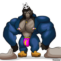 animal_mask anthro banana banana_print barazoku belly biceps big_bulge big_muscles big_pecs black_body black_clothing black_eyes black_fur black_gloves black_handwear blue_clothing blue_jumpsuit body_hair boots brown_boots brown_clothing brown_footwear bulge bunny_mask burlap_sack chest_hair clothed clothing crime criminal detailed_bulge erection erection_under_clothing erection_under_underwear fist food footwear frown fruit fur gangster genital_outline gloves gold_(metal) gold_jewelry gold_necklace handwear jewelry jockstrap looking_aside loot looting male manly mask mature_anthro mature_male mechanic mechanic_outfit muscular muscular_anthro muscular_arms muscular_male muscular_thighs necklace nipple_piercing nipples open_clothing open_jumpsuit pecs penis_outline piercing pink_clothing pink_jockstrap pink_underwear plant pose presenting presenting_body presenting_bulge presenting_pecs robber robbery sack scowl shoes showing_off_muscles simple_background solo standing stealing thick_arms thick_thighs thief thief_outfit thug tough_guy underwear white_background white_clothing white_mask wide_stance xmonstadogx illumination_entertainment sing_(movie) big_daddy_(sing) ape gorilla haplorhine mammal primate hi_res
