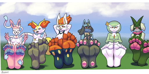 3_toes 4_toes 5_toes anthro breasts claws feet foot_fetish foot_focus green_body humanoid_feet pawpads plantigrade smile soles toe_claws toes detectivebubble nintendo pokemon braixen canid canine cinderace domestic_cat eeveelution felid feline felis fox gardevoir generation_3_pokemon generation_4_pokemon generation_6_pokemon generation_8_pokemon generation_9_pokemon lagomorph leporid lucario mammal meowscarada pokemon_(species) rabbit sylveon absurd_res hi_res