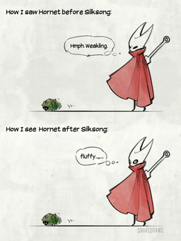 2_horns ambiguous_gender anthro before_and_after biped black_body cloak clothing crawling duo empty_eyes feral fur green_body green_fur horn hornet's_needle looking_at_another narrowed_eyes red_cloak red_clothing simple_background solo_focus sparkles sparkling_eyes standing text thinking thought_bubble three-quarter_view weapon_on_back white_background white_body white_horn snakedraws hollow_knight:_silksong hollow_knight_(franchise) team_cherry hornet_(hollow_knight) arthropod insect mosscreep 2025 3:4 artist_name colored_sketch english_text hi_res sequence sketch female_(lore)