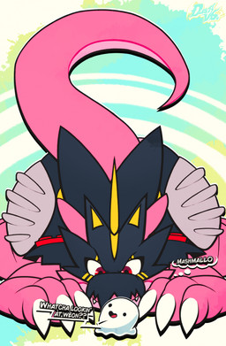 ambiguous_gender dialogue fangs half-closed_eyes inner_monologue narrowed_eyes pink_body pink_scales scales smile speech_bubble teeth text thick_thighs thinking thought_bubble wide_hips dustythebat bandai_namco digimon digimon_(species) raidramon english_text hi_res