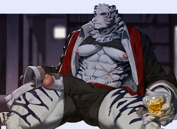 5_fingers abs anthro biped claws fingers genitals humanoid_genitalia humanoid_hands humanoid_penis male moobs muscular muscular_anthro muscular_male muscular_thighs penis solo art_uza arknights hypergryph studio_montagne mountain_(arknights) felid mammal pantherine tiger absurd_res hi_res