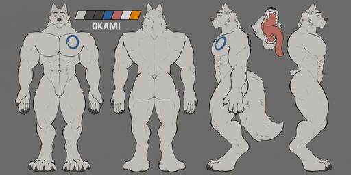 abs anthro blue_tattoo butt chest_tattoo claws front_view fur male mouth_shot multiple_angles muscular navel open_mouth rear_view sharp_teeth smile solo standing tail tattoo teeth tongue tongue_out white_body white_fur masterokami okami_(masterokami) canid canine canis mammal wolf 2024 colored hi_res model_sheet