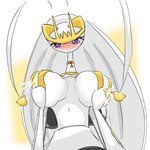 antennae_(anatomy) anthro big_breasts blue_pupils blush bodily_fluids breasts choker female hand_on_breast jewelry lactating milk necklace nipples not_furry pupils purple_eyes simple_background solo white_background friita nintendo pokemon arthropod generation_7_pokemon insect pheromosa pokemon_(species) ultra_beast 1:1 2020