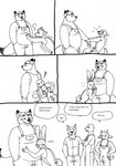 anthro blush bottomwear butt clothing dialogue eyes_closed group hug male overalls overweight overweight_male pants shirt text topwear bernielover disney zootopia fan_character gideon_grey canid canine fox lagomorph leporid mammal rabbit red_fox true_fox 2023 english_text hi_res monochrome